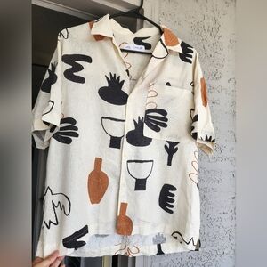 Zara Cream Shirt with Black and Brown Abstract Design Linen Blend Artsy